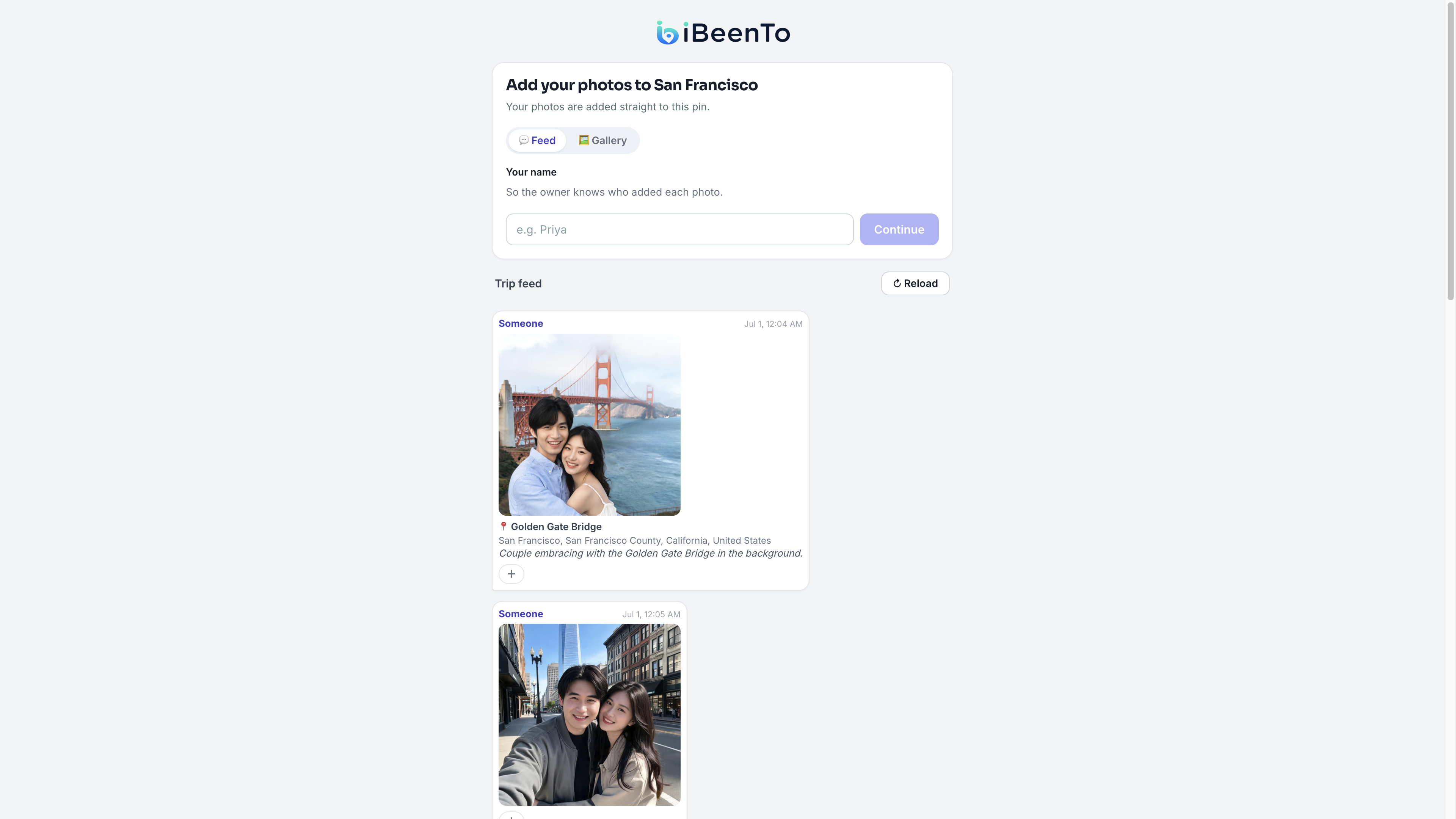 An iBeenTo pin contributor link — friends adding their photos to a shared San Francisco pin with a live trip feed