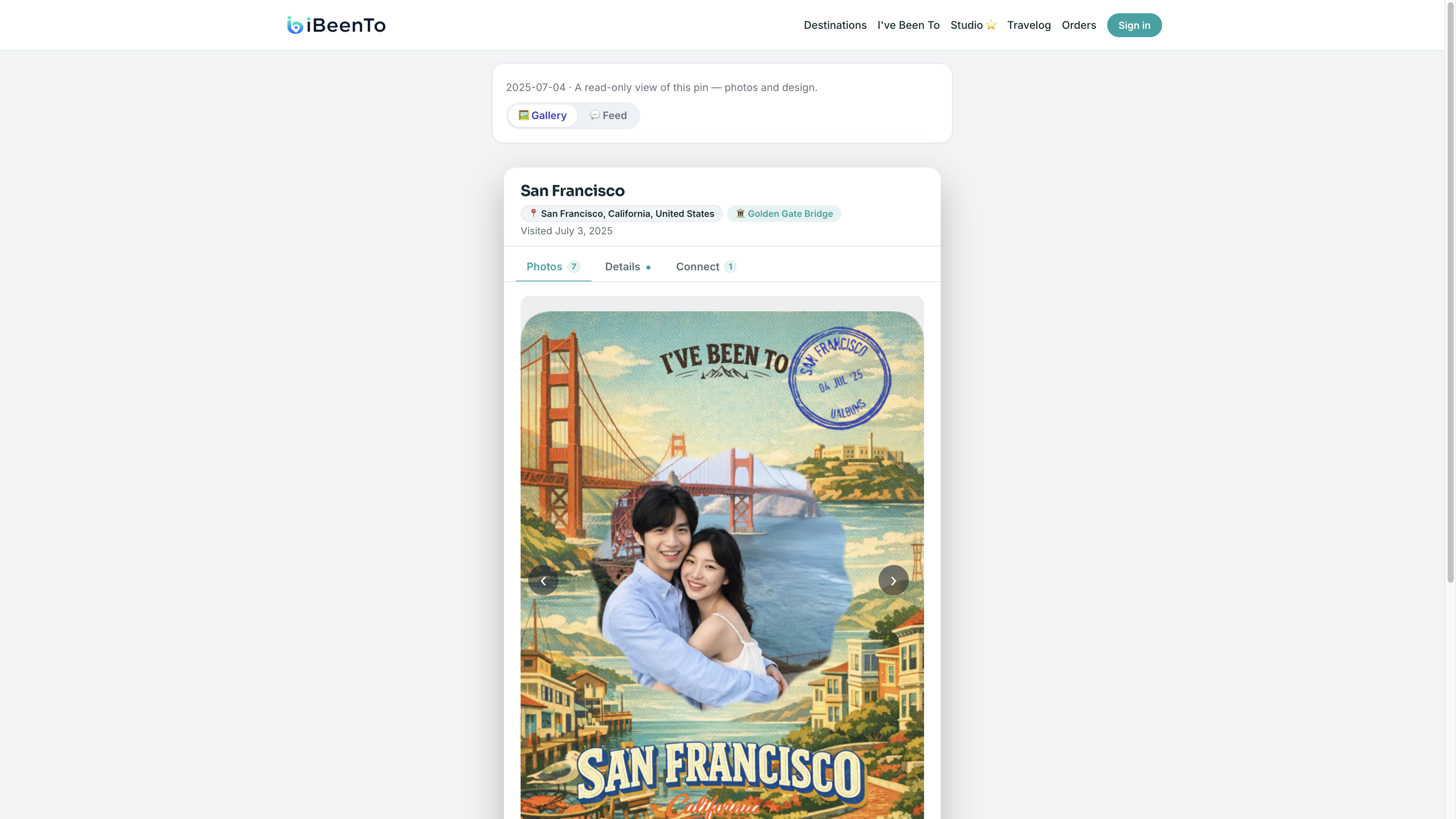 An iBeenTo pin view link — a read-only San Francisco travel pin with its magnet design and photo gallery
