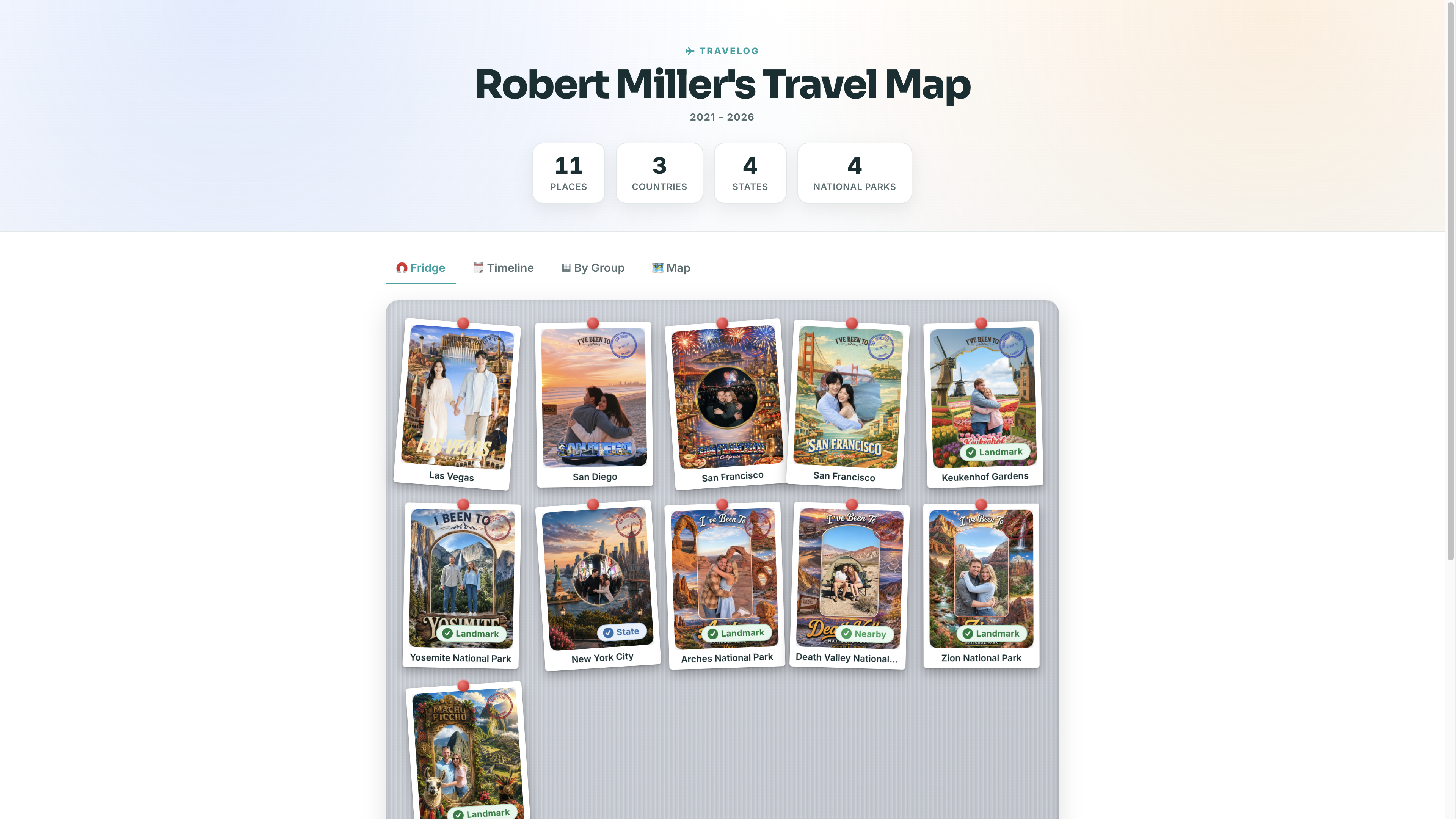 A shared iBeenTo travelog wall — Robert Miller's Travel Map with travel pins, stats, and map/timeline tabs